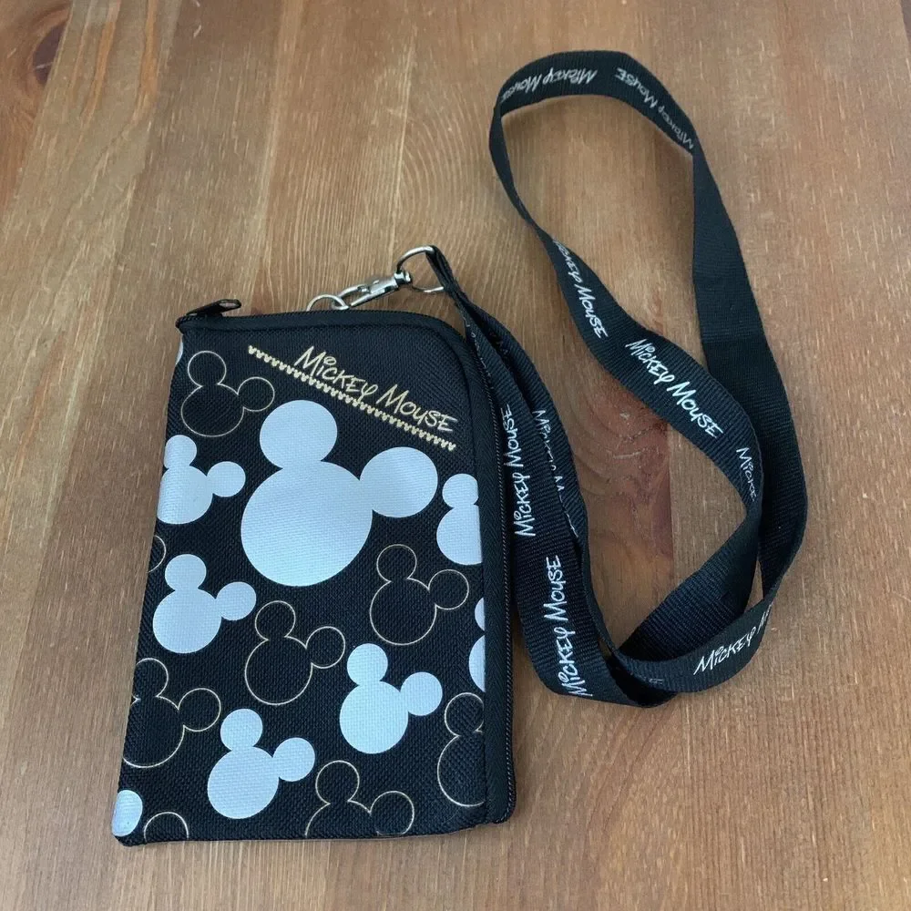 DISNEY Mickey Mouse Black Silver Gold Wallet Clutch Bag Wristlet Lanyard